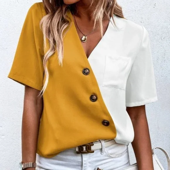 Colorblock Button detail Patched Pocket Blouse - Picture 2 of 6